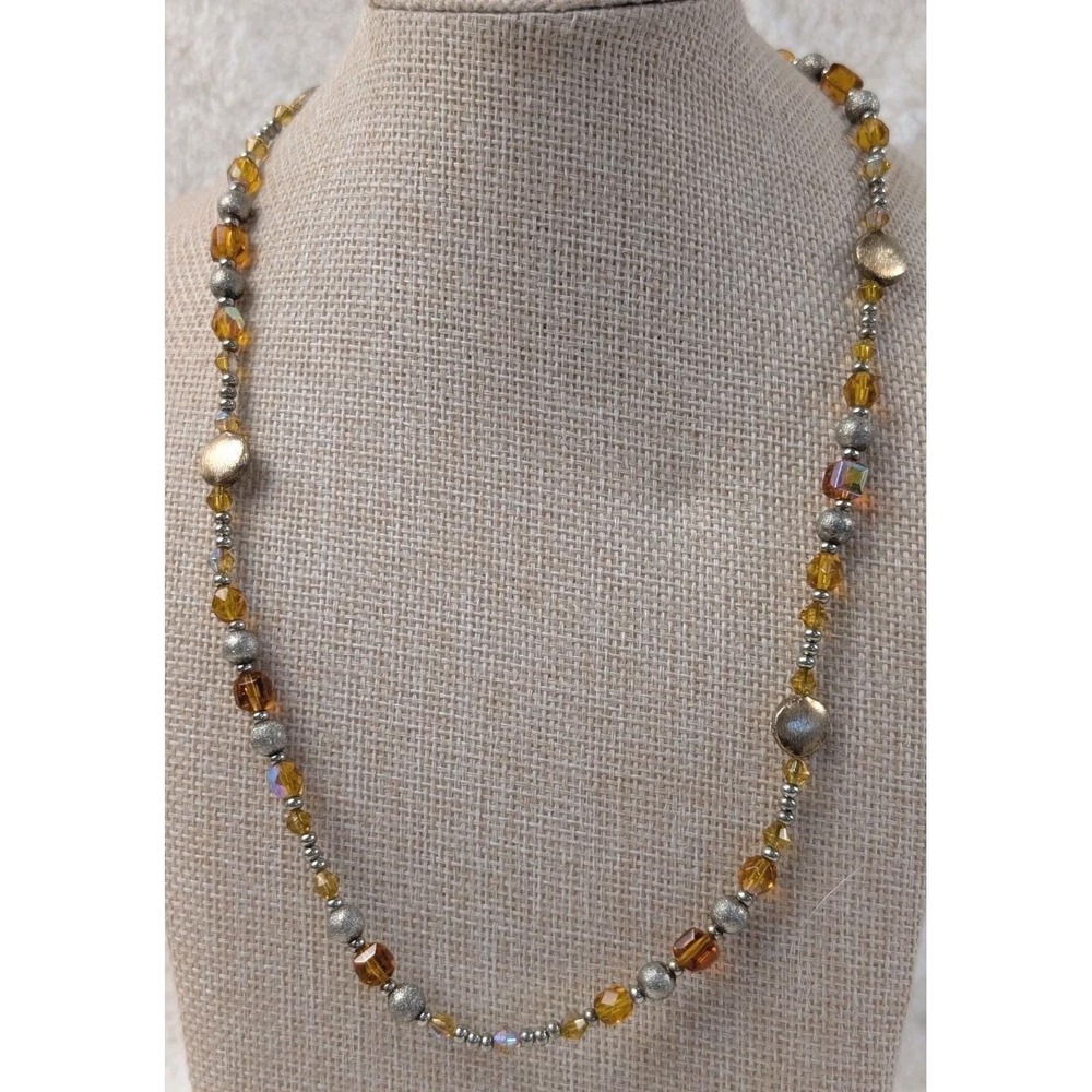 Amber Gold Crystal Beaded Necklace Silver Tone Artisan Czech Glass Style